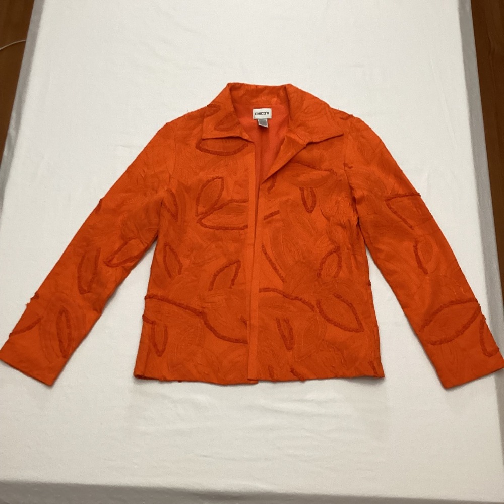 Chico's Orange Textured Leaf Applique Jacket Blazer Size 0-small 4 - Picture 10 of 10